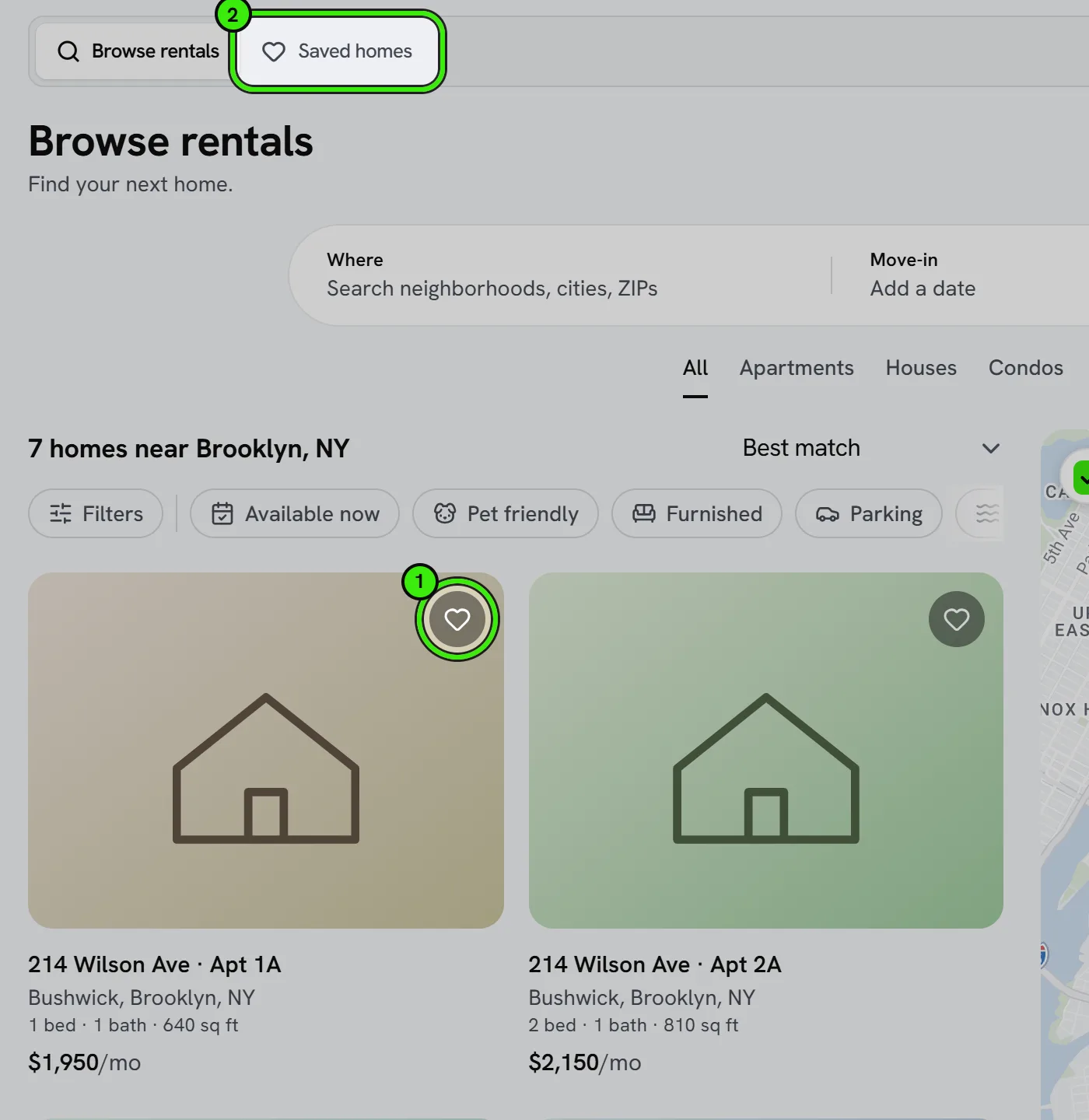 Rental results with the heart on the first home’s photo ringed and numbered 1, and the Saved homes section above ringed and numbered 2.