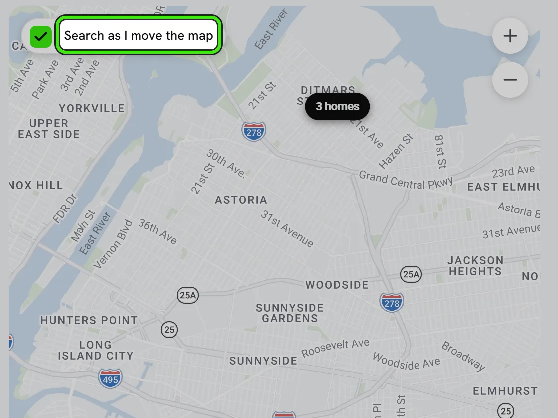 The map beside the rental results, with its “Search as I move the map” box ticked and ringed, zoom buttons, and markers counting the homes at each spot.