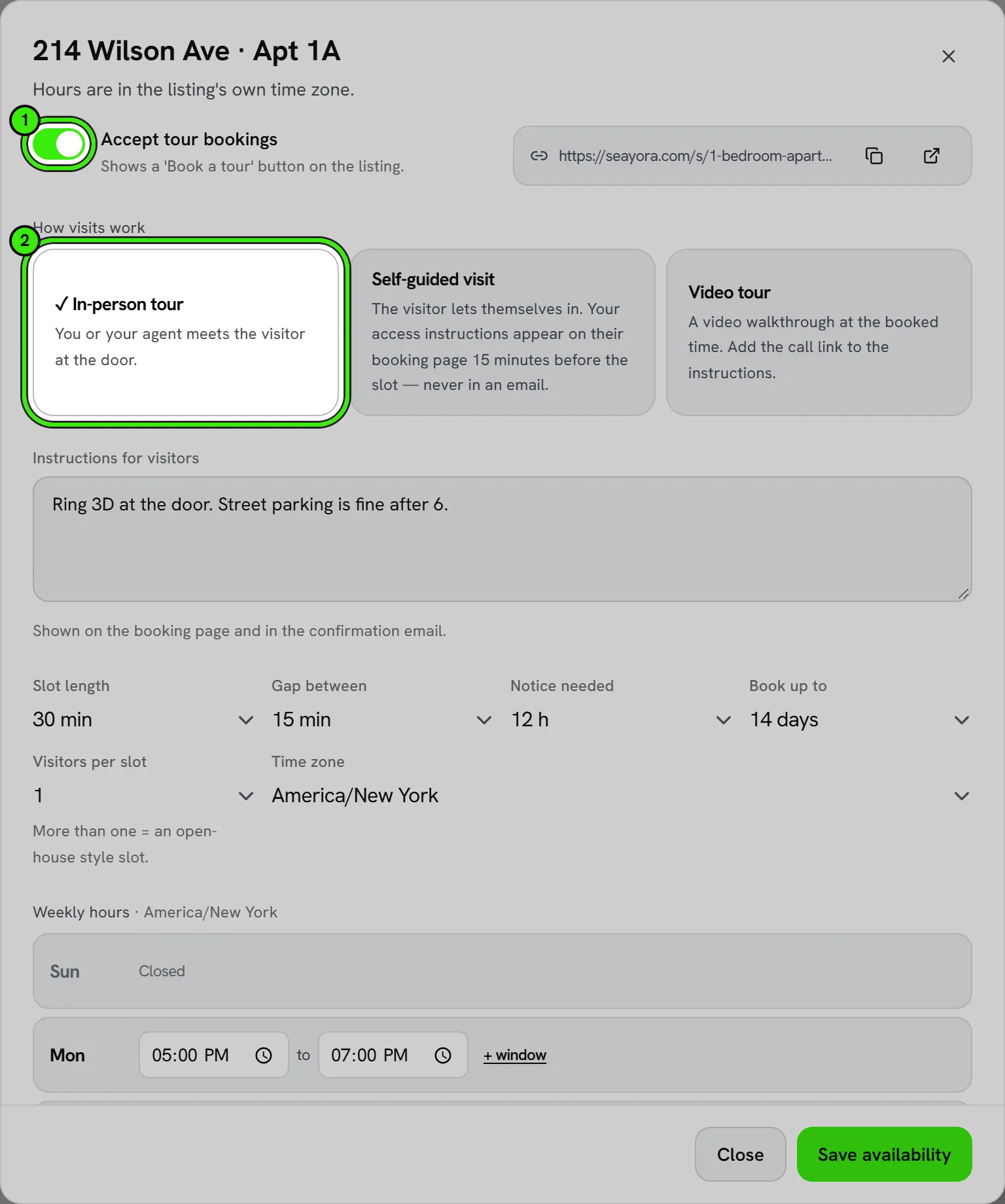 The tour settings for 214 Wilson Ave, Apt 1A: the Accept tour bookings switch ringed and numbered 1, the three kinds of visit — in-person, self-guided and video — with In-person tour ringed and numbered 2, then instructions for visitors, slot length and the gap between visits.