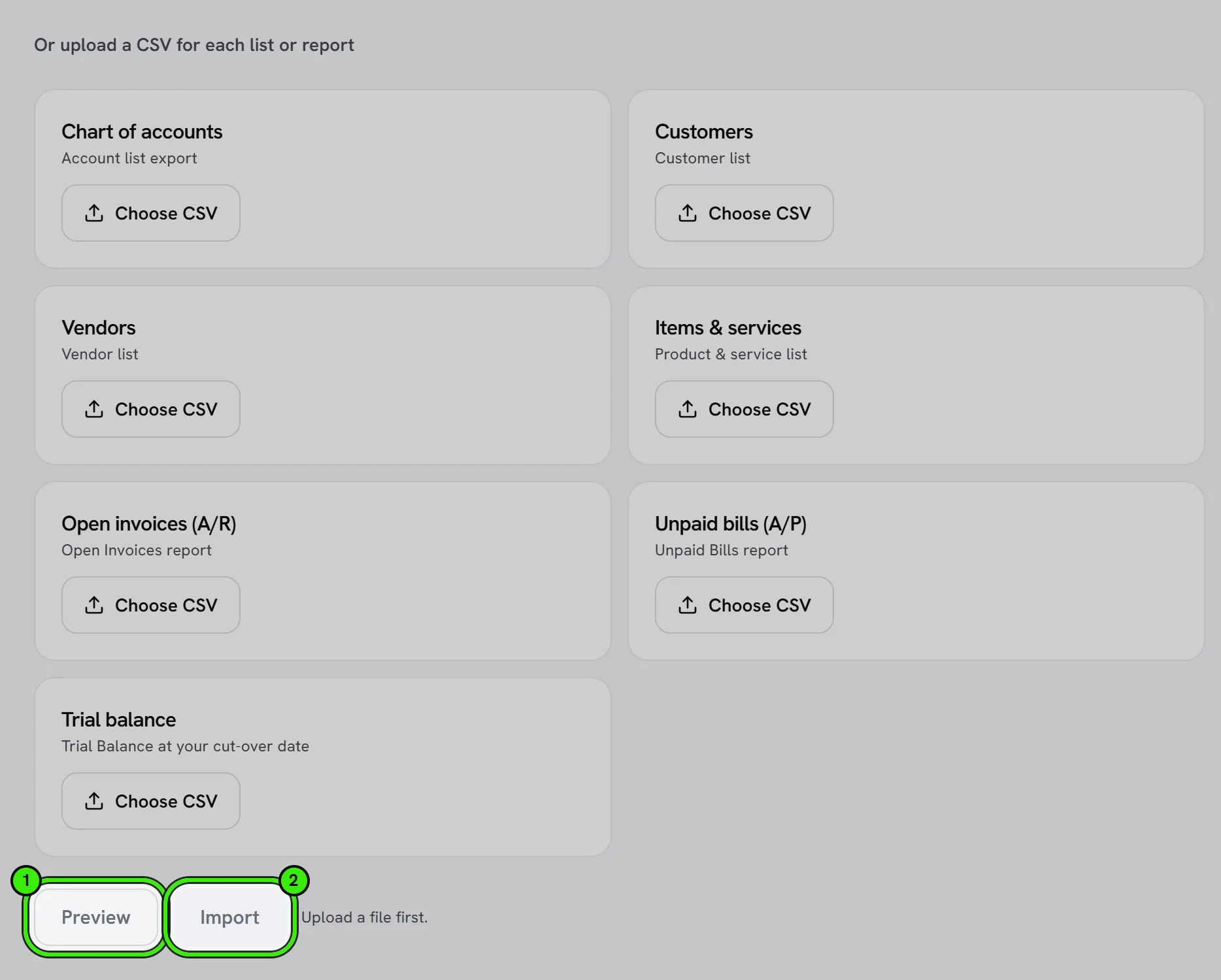 QuickBooks migration, “Or upload a CSV for each list or report”: the chart of accounts, customers, vendors, items, open invoices, unpaid bills and the trial balance, each with Choose CSV, then Preview ringed as 1 and Import as 2.