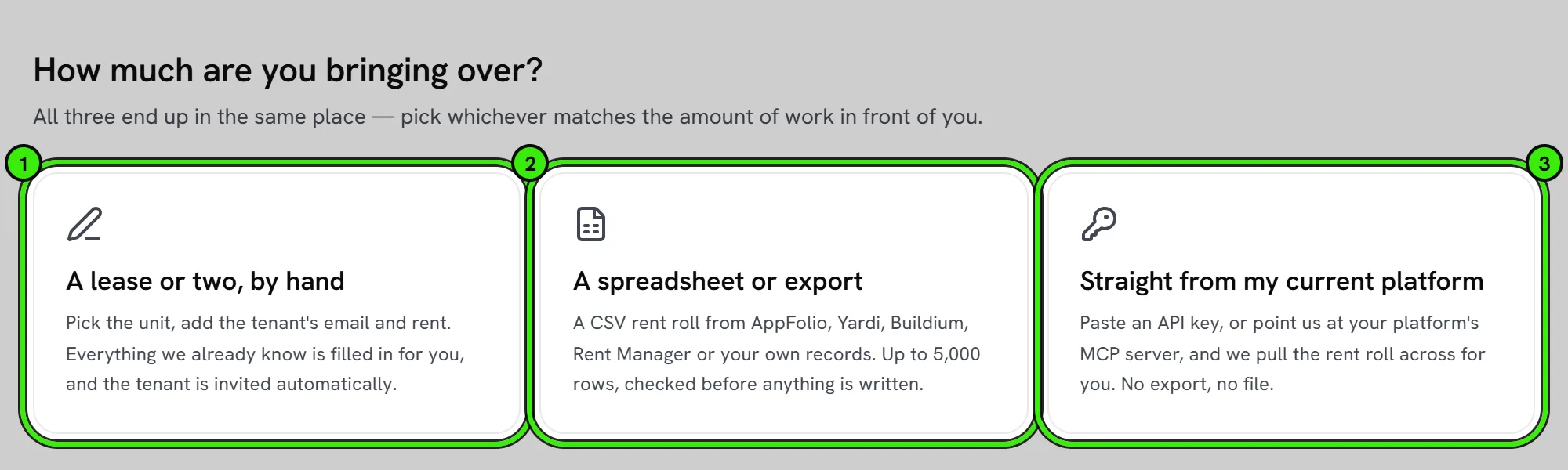 Portfolio → Import, “How much are you bringing over?”: a lease or two by hand ringed as 1, a spreadsheet or export as 2, and straight from your current platform as 3.