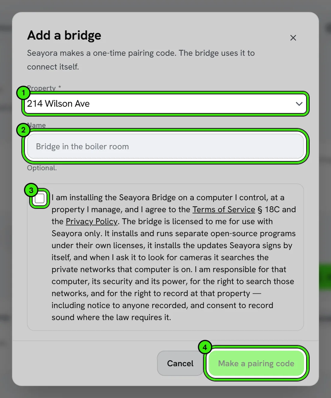 The Add a bridge window: the property, a name for the bridge, the agreement to check before installing it, and Make a pairing code. All four are ringed.