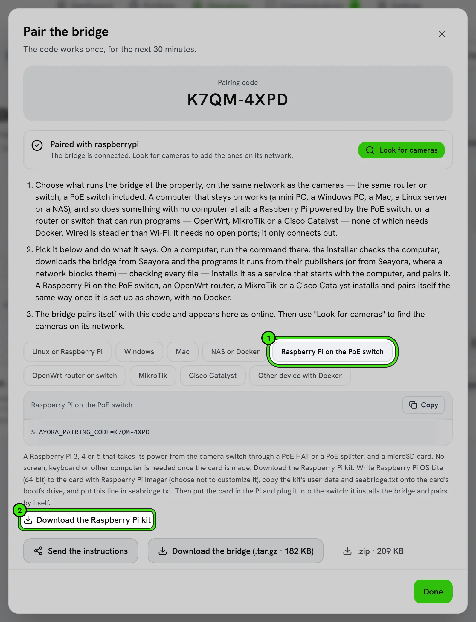 The Pair the bridge window with Raspberry Pi on the PoE switch chosen and ringed as 1: the line to put in seabridge.txt with the pairing code, what the Pi needs and how to make its card, and Download the Raspberry Pi kit, ringed as 2.