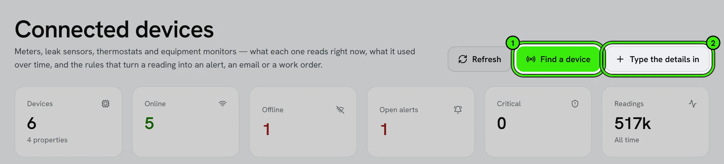 Operations → Smart building → Devices: the Connected devices page with its counts of devices, online, offline, open alerts, critical alerts and readings, and the Devices, Fleet, Alerts, Rules and Templates tabs. Find a device and Type the details in are ringed.