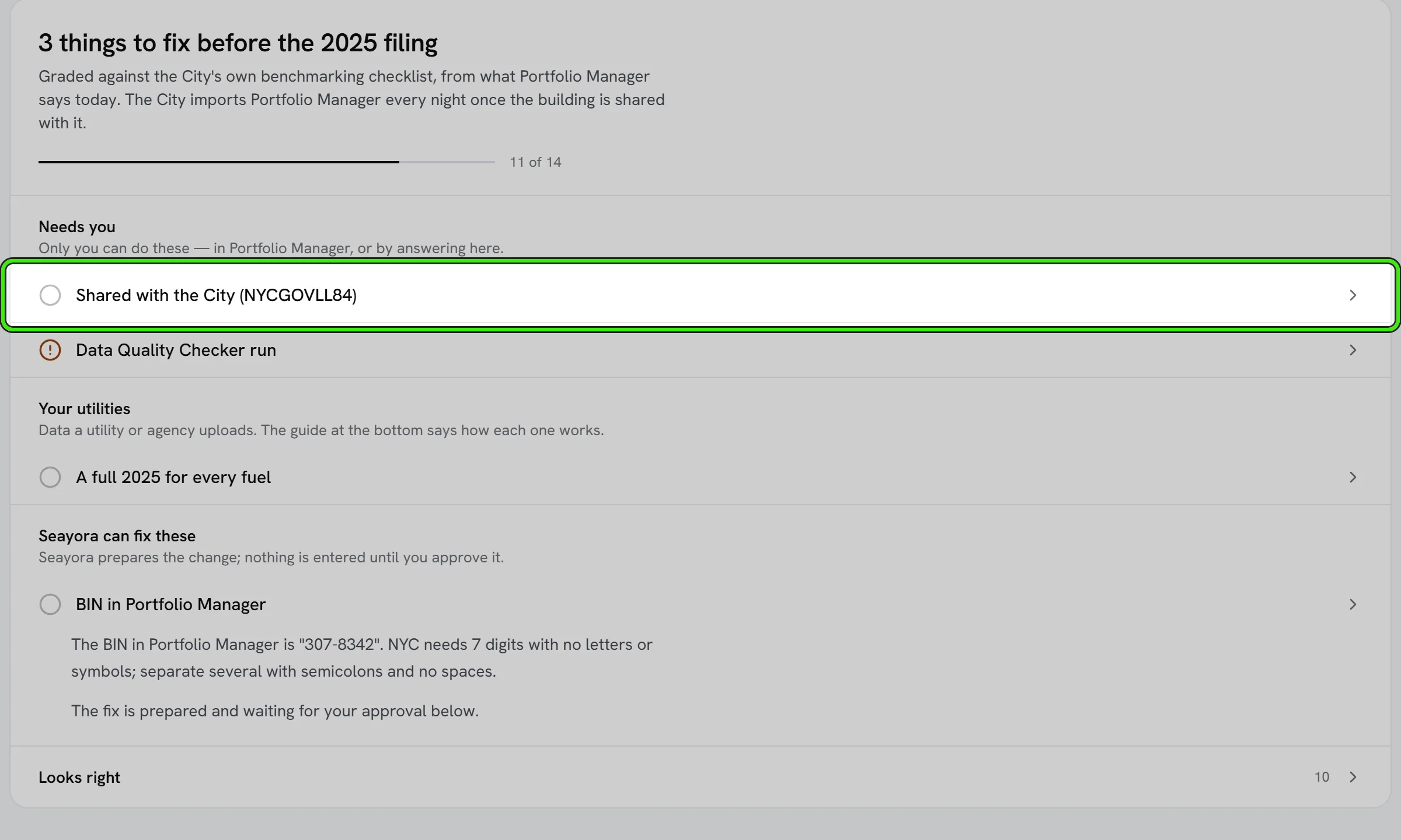 214 Wilson Ave: three things to fix before the 2025 filing, grouped as Needs you (shared with the City, the Data Quality Checker), Your utilities (a full 2025 for every fuel) and Seayora can fix these (the BIN in Portfolio Manager), with ten more that look right. The first item is ringed.