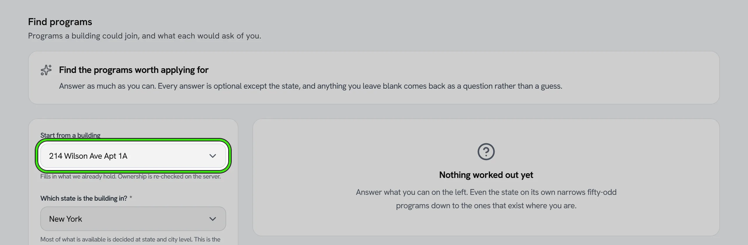 Compliance → Programs → Find programs: Start from a building, which fills in the state and city, above the first of the questions that narrow the list to the programs worth applying for. The building picker is ringed.