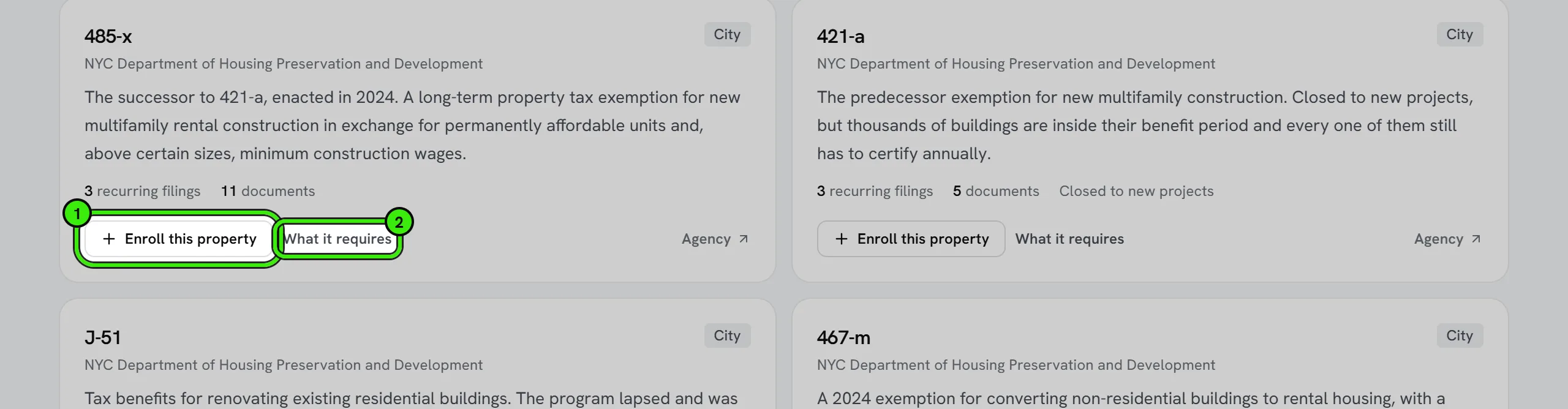 Compliance → Programs for 214 Wilson Ave, Apt 1A: 43 programs available there, filtered by city, state or federal, each card with Enroll this property and What it requires. The first card’s two buttons are ringed.