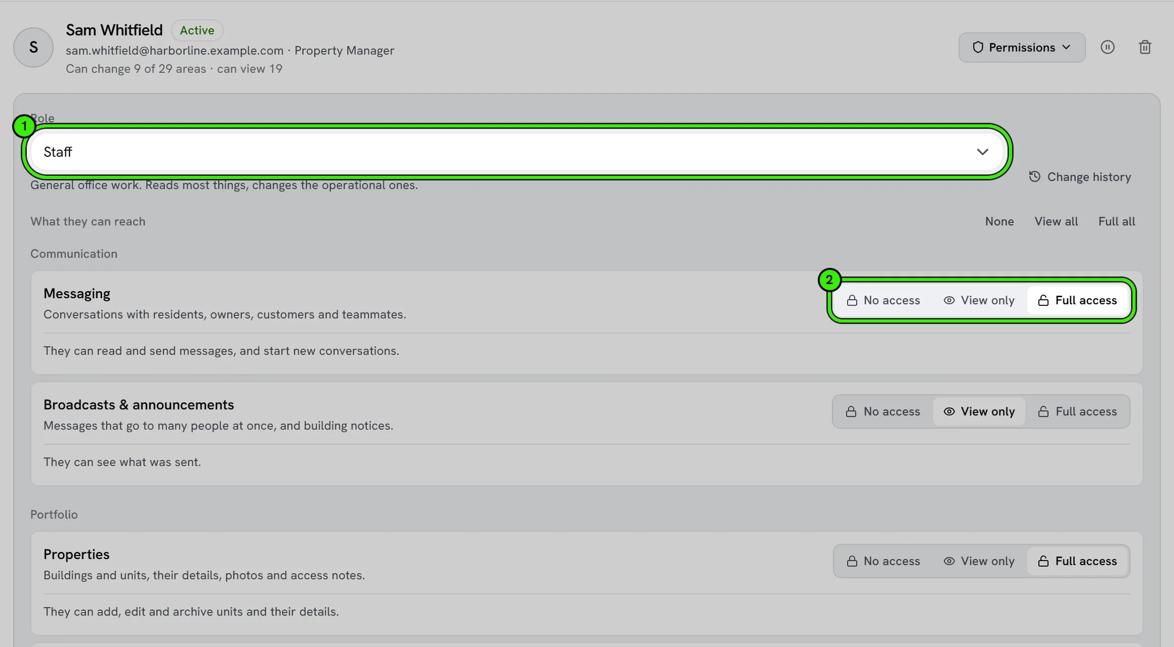 Team: Sam Whitfield’s permissions opened under Team & permissions — the Role picker set to Staff, and each area of the account (Messaging, Broadcasts & announcements, Properties, Listings & advertising…) with its own No access, View only and Full access buttons. The Role picker and the first row’s three levels are ringed.