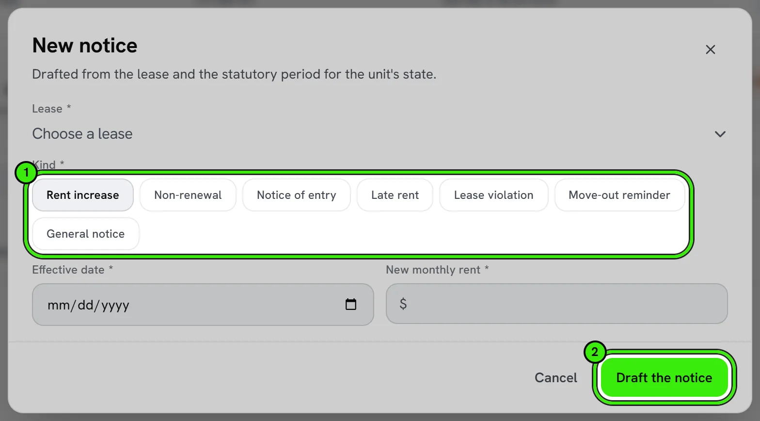 The New notice dialog from Lease center → Renewals: choose the lease, then the kind — rent increase, non-renewal, notice of entry, late rent, lease violation, move-out reminder or a general notice — ringed as 1, the effective date and new rent, and Draft the notice ringed as 2.