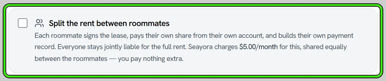 The Split the rent between roommates option in the Draft the lease dialog, ringed: each roommate signs the lease and pays their own share from their own account, everyone stays jointly liable for the full rent, and the monthly fee is shown.