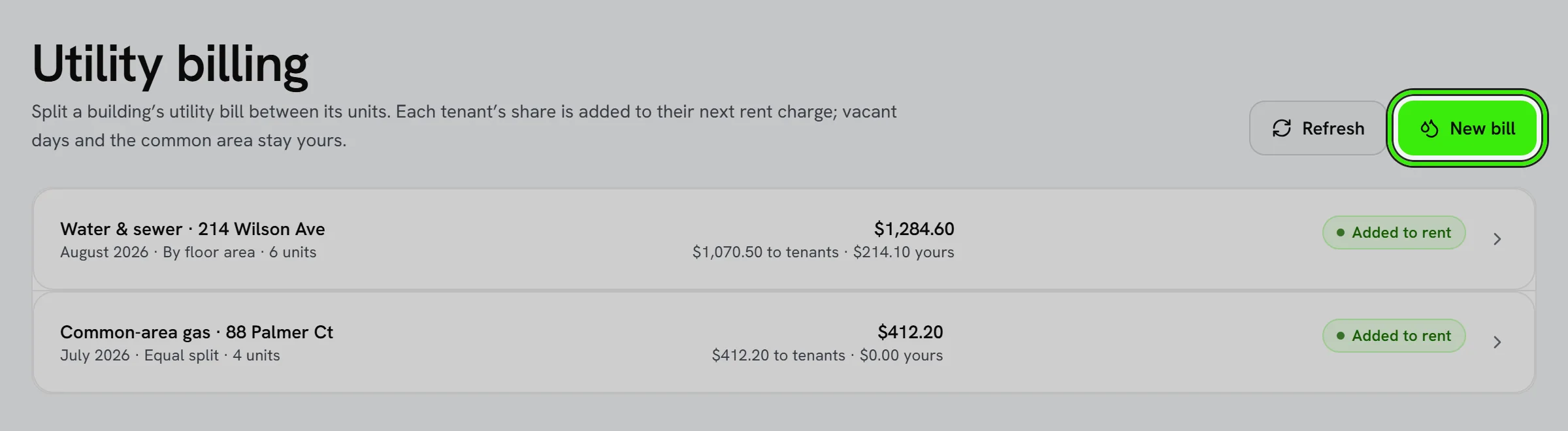 Operations → Utilities → Billing: a water and sewer bill for 214 Wilson Ave split by floor area across six units, a common-area gas bill for 88 Palmer Ct split equally, each added to rent, and the New bill button ringed.