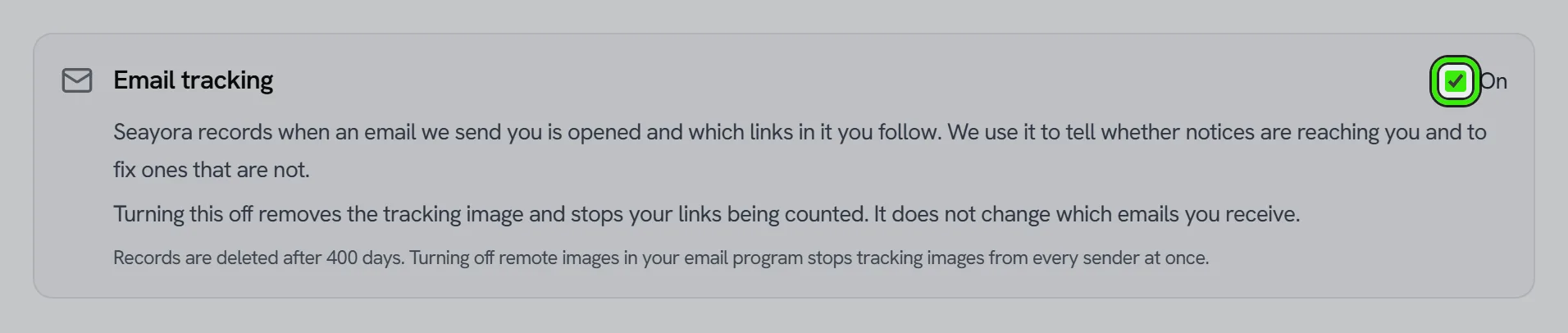 The Email tracking setting in Settings → Your data: what it records, what turning it off does, and its switch, ringed.