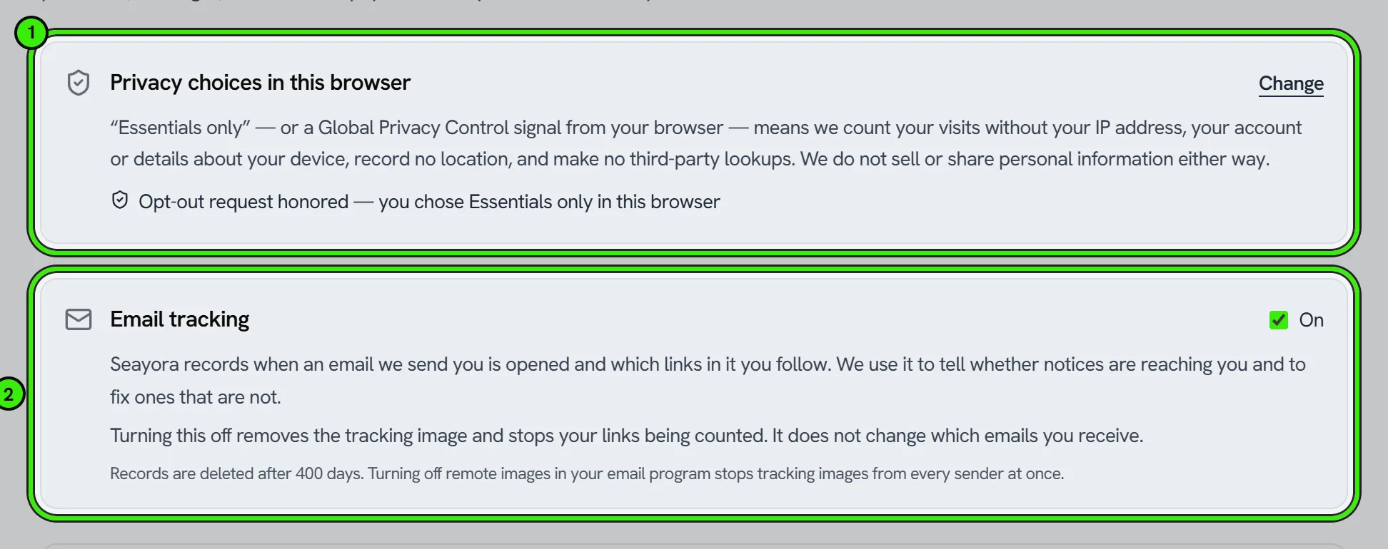 Settings → Your data: the privacy choices this browser has made, ringed as 1, and the email tracking switch, ringed as 2.