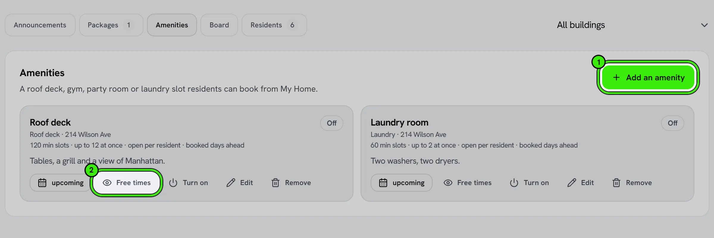 The Amenities tab of Community: a roof deck and a laundry room with their hours and slot lengths; Add an amenity ringed as 1 and the roof deck’s Free times ringed as 2.