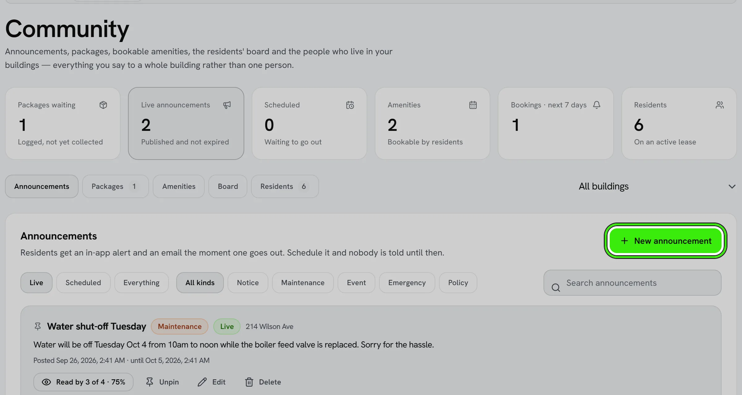 Communications → Community, Announcements tab: counts of packages waiting, live and scheduled announcements, amenities and residents, a water shut-off notice and a roof-deck notice, and the New announcement button ringed.