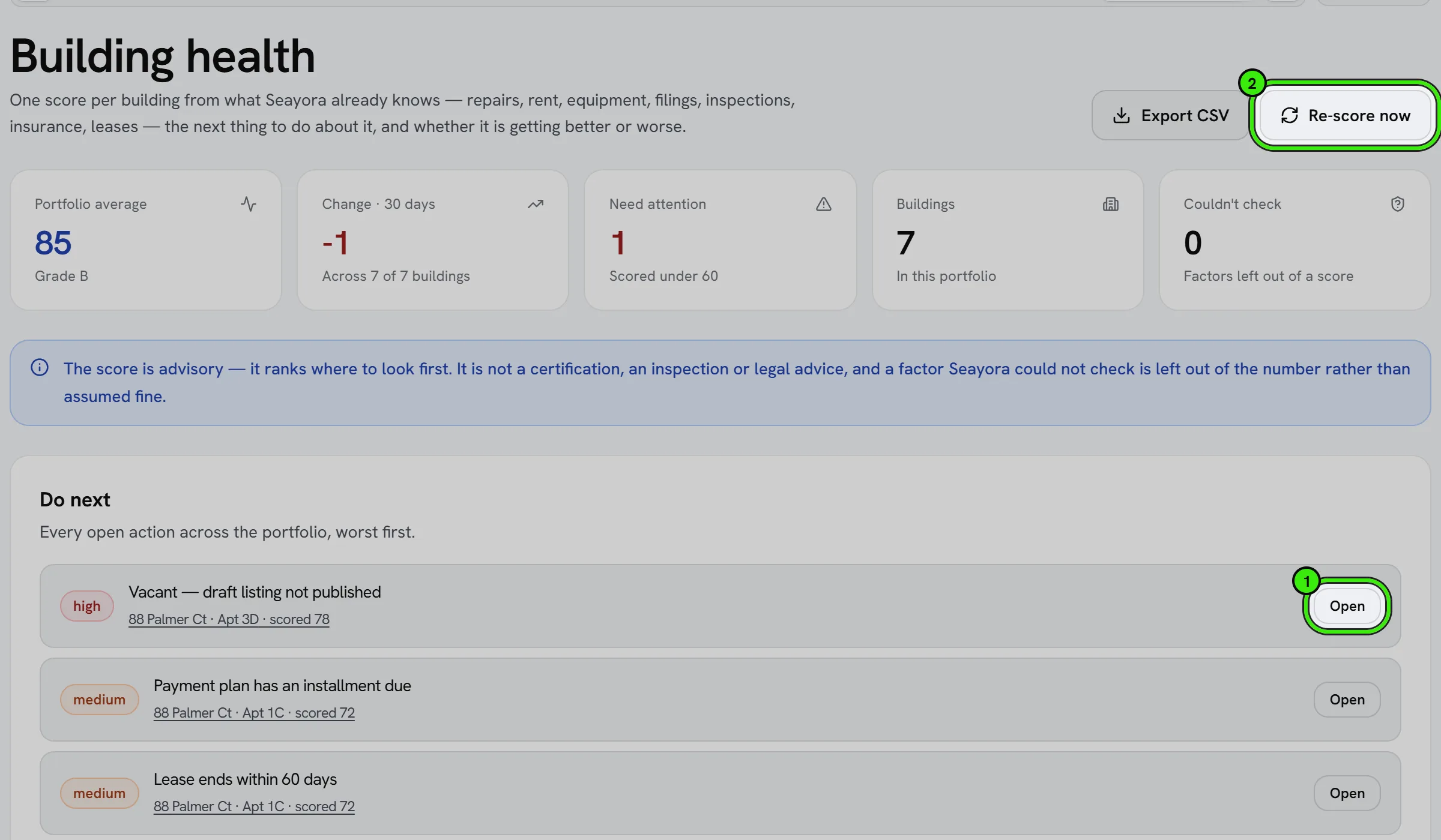 Building health: the portfolio average, the buildings that need attention and the factors that could not be checked; below, “Do next” lists every open action across the buildings, worst first, with the first action’s Open button ringed as 1, and Re-score now ringed as 2.