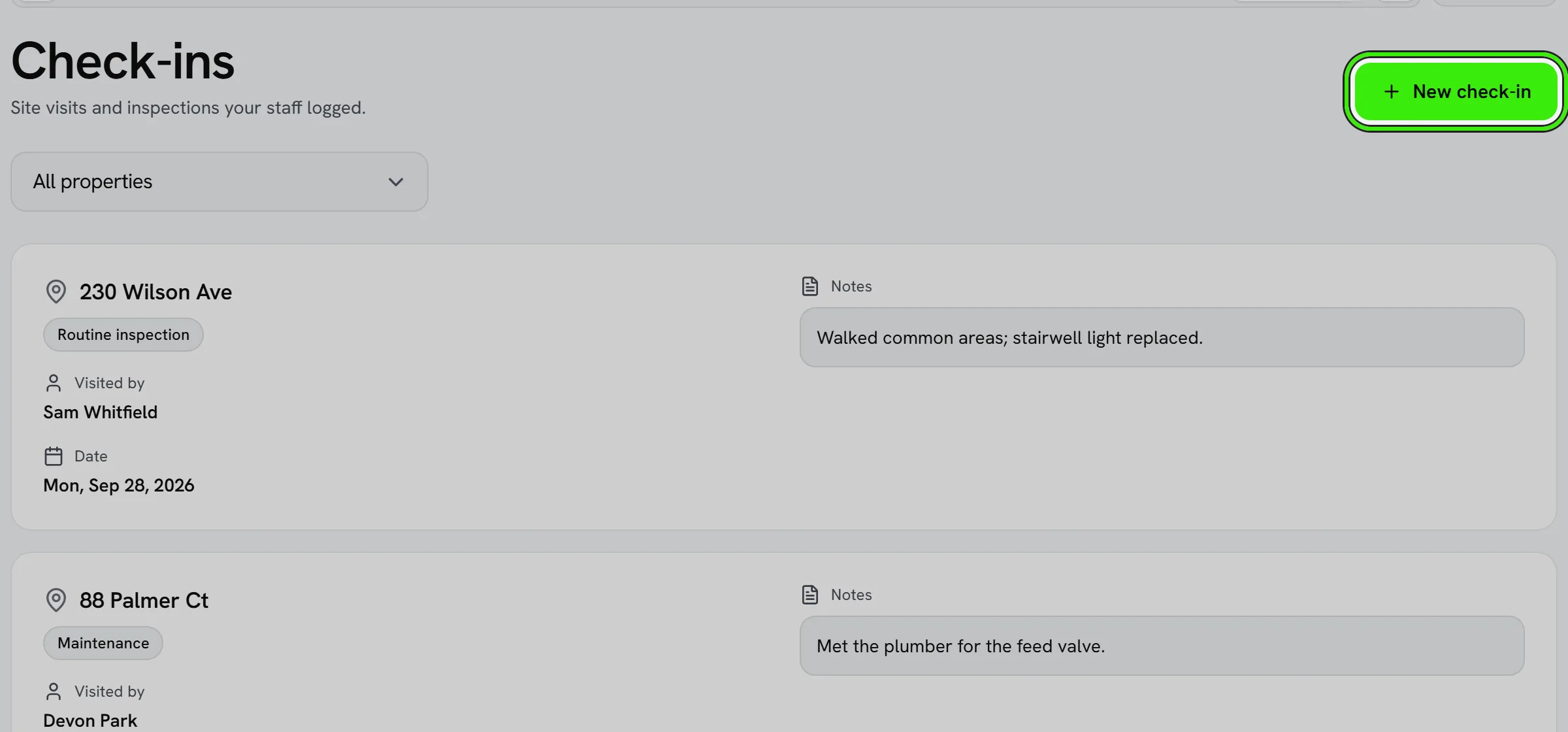 Operations → Check-ins: site visits by building — who visited, the kind of visit, when, and the notes — with the New check-in button ringed.