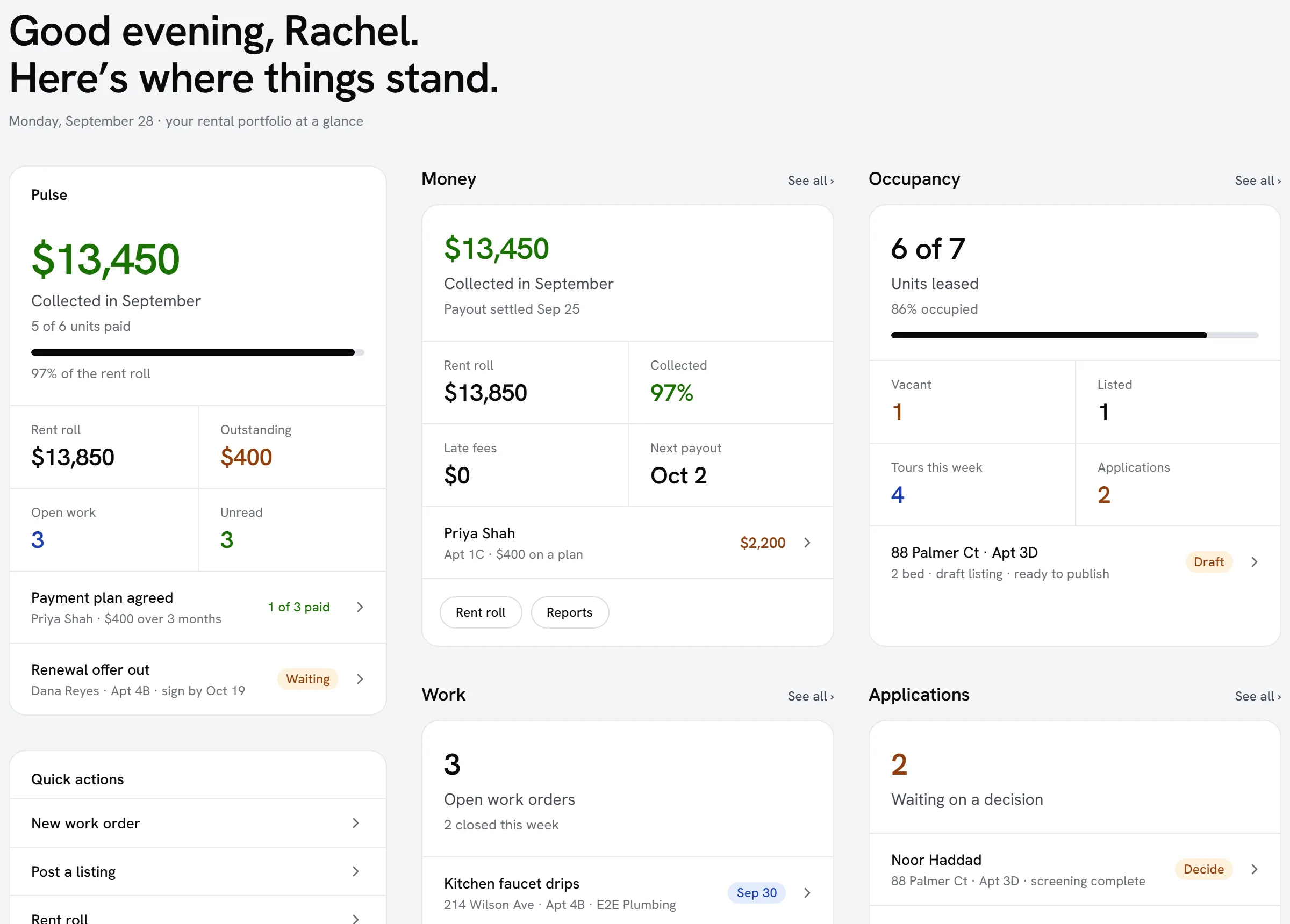 The landlord dashboard: rent collected this month against the rent roll, occupancy, open work orders, applications, leases ending, compliance, messages and approvals across the whole portfolio.