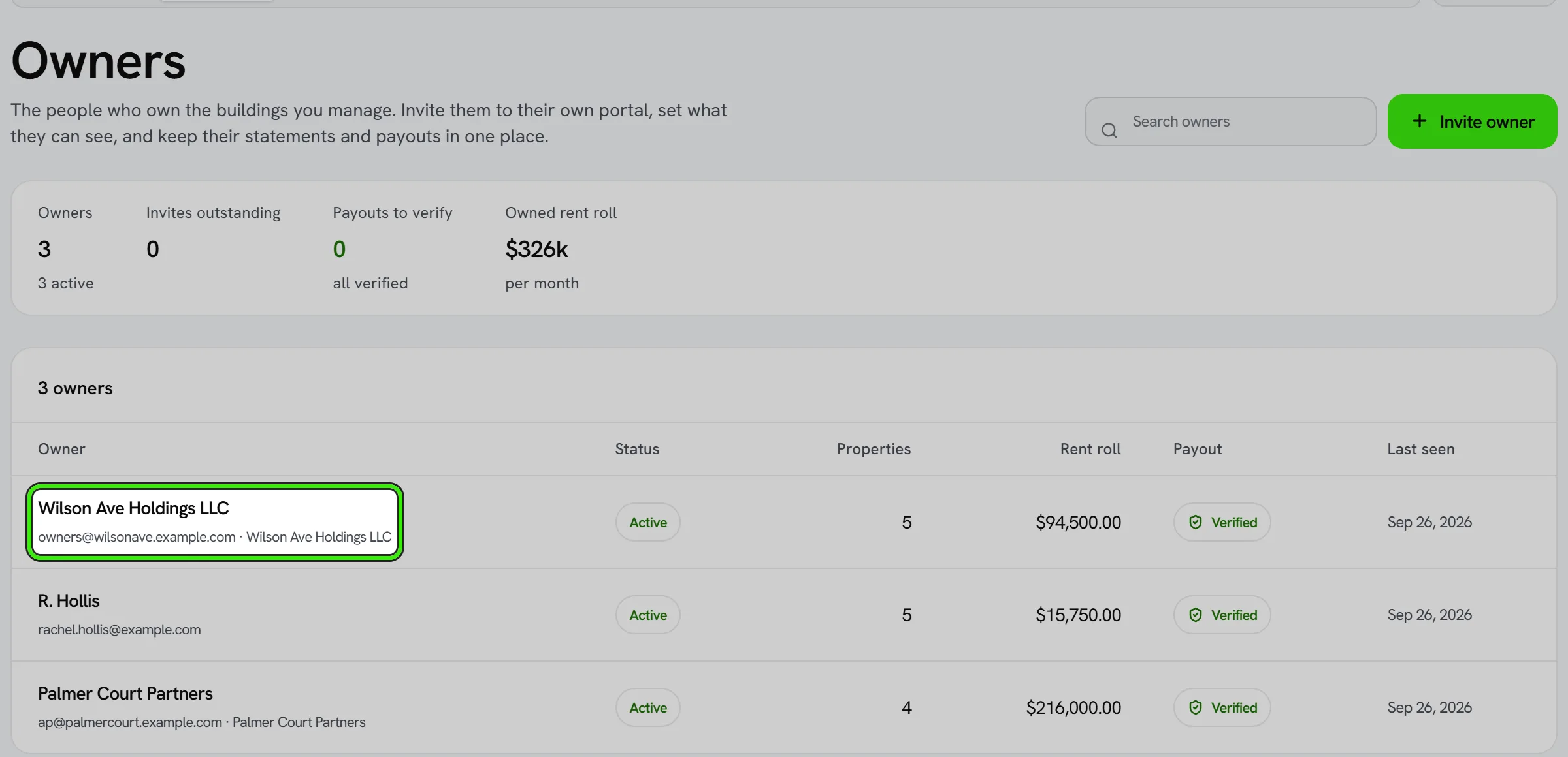 Portfolio → Owners: the owners the company manages for, with Wilson Ave Holdings LLC ringed; opening an owner shows their properties, statements, requests and approvals.