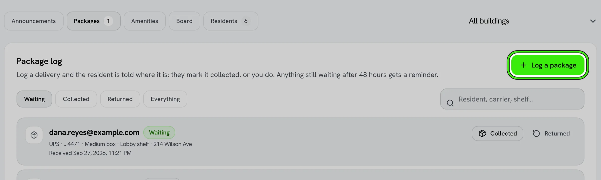 The Packages tab of Community: the package log with a waiting delivery for Dana Reyes and a collected one, and the Log a package button ringed.