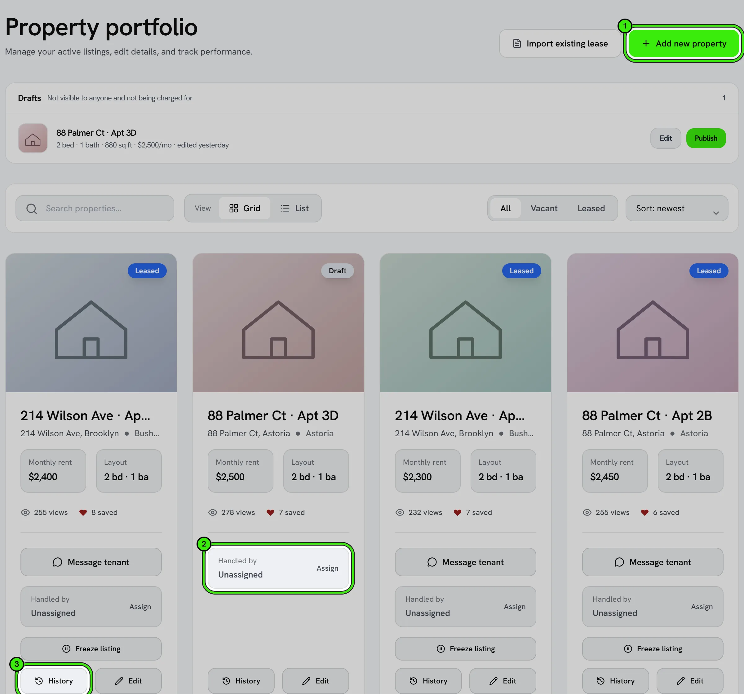 The management portfolio: Add new property ringed as 1; on the first property card, the “Handled by — Assign” control ringed as 2 and the History button ringed as 3.