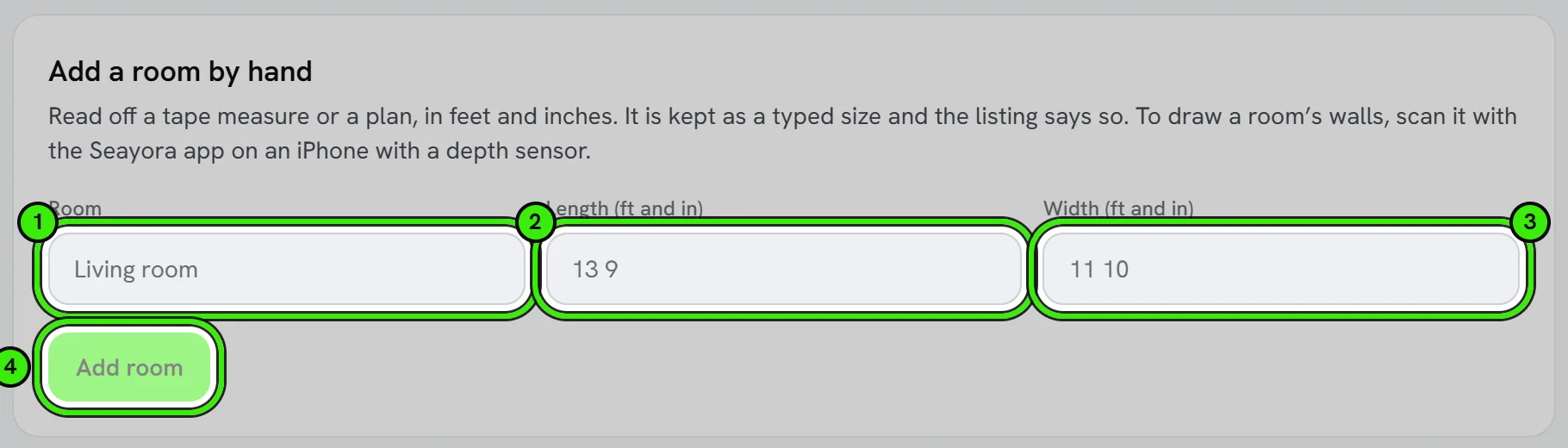 History → Floor plan on 214 Wilson Ave, Apt 4B: Add a room by hand, with the room’s name, its length and width in feet and inches, and Add room. All four are ringed.