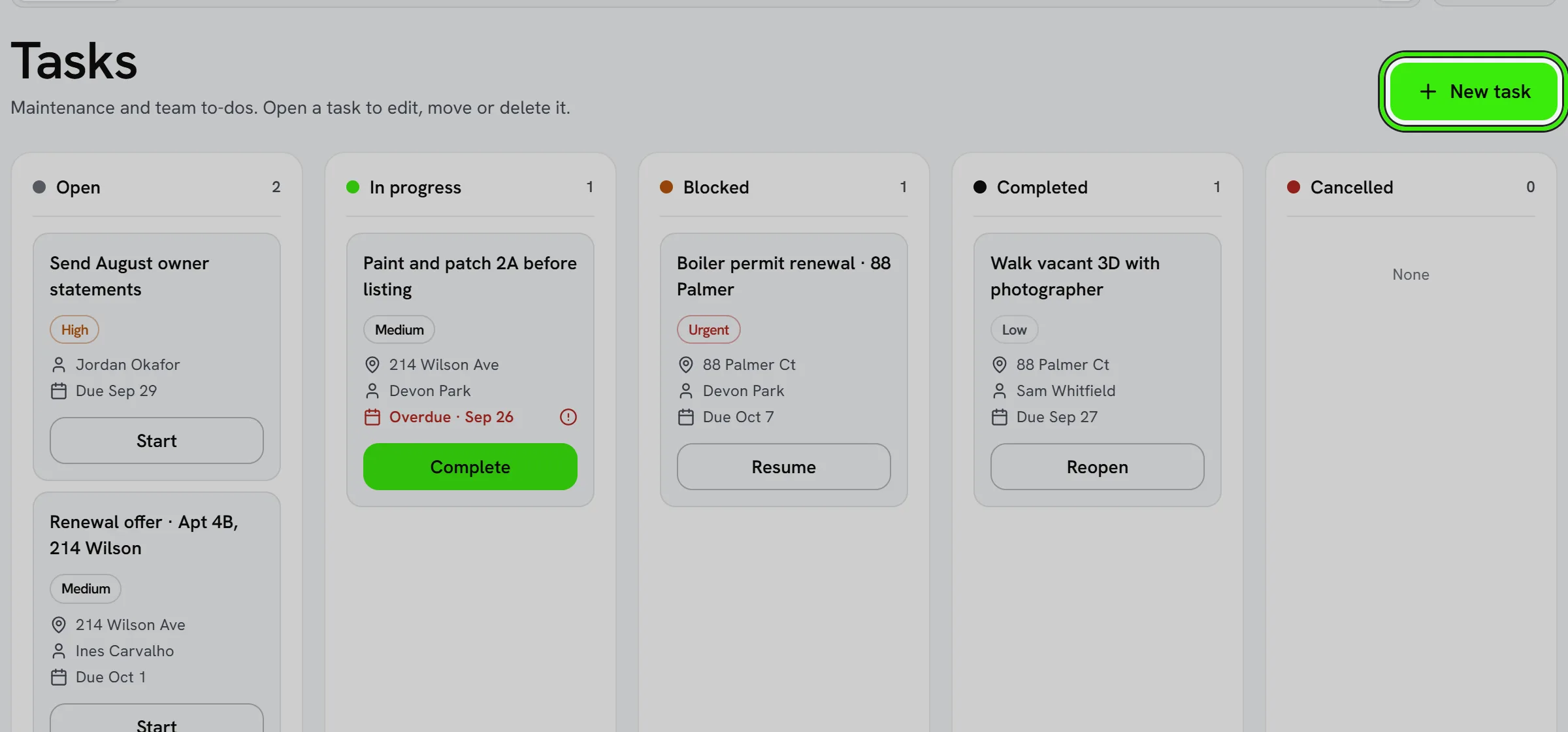Operations → Tasks: a board of open, in-progress, blocked and completed tasks, each with its priority, building, assignee and due date, and the New task button ringed.