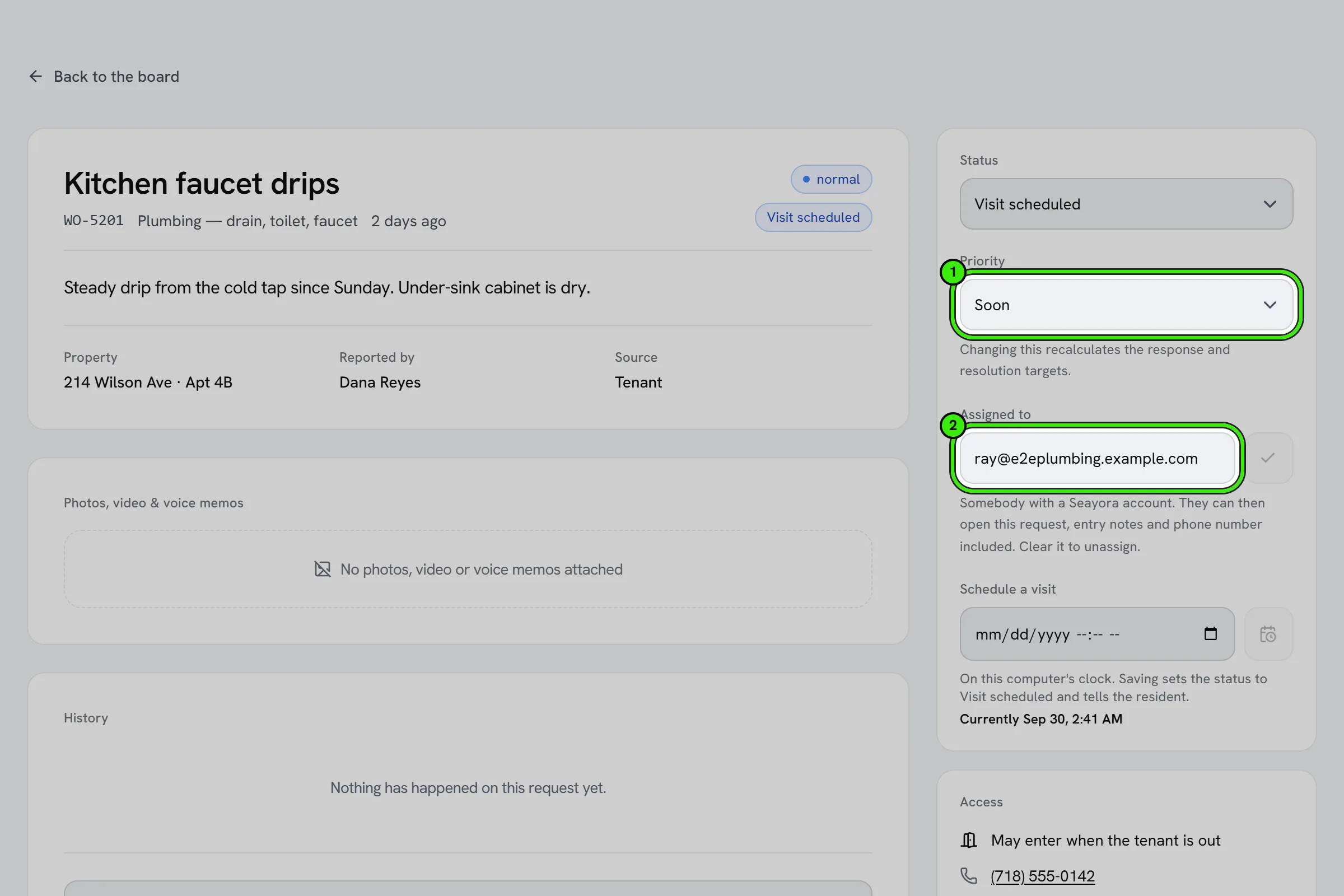 An open work order — the dripping kitchen faucet at 214 Wilson Ave, Apt 4B — with its description, photos, history and a reply box; on the right, Status, the Priority ringed as 1, and Assigned to ringed as 2, then scheduling a visit and the tenant’s access notes.