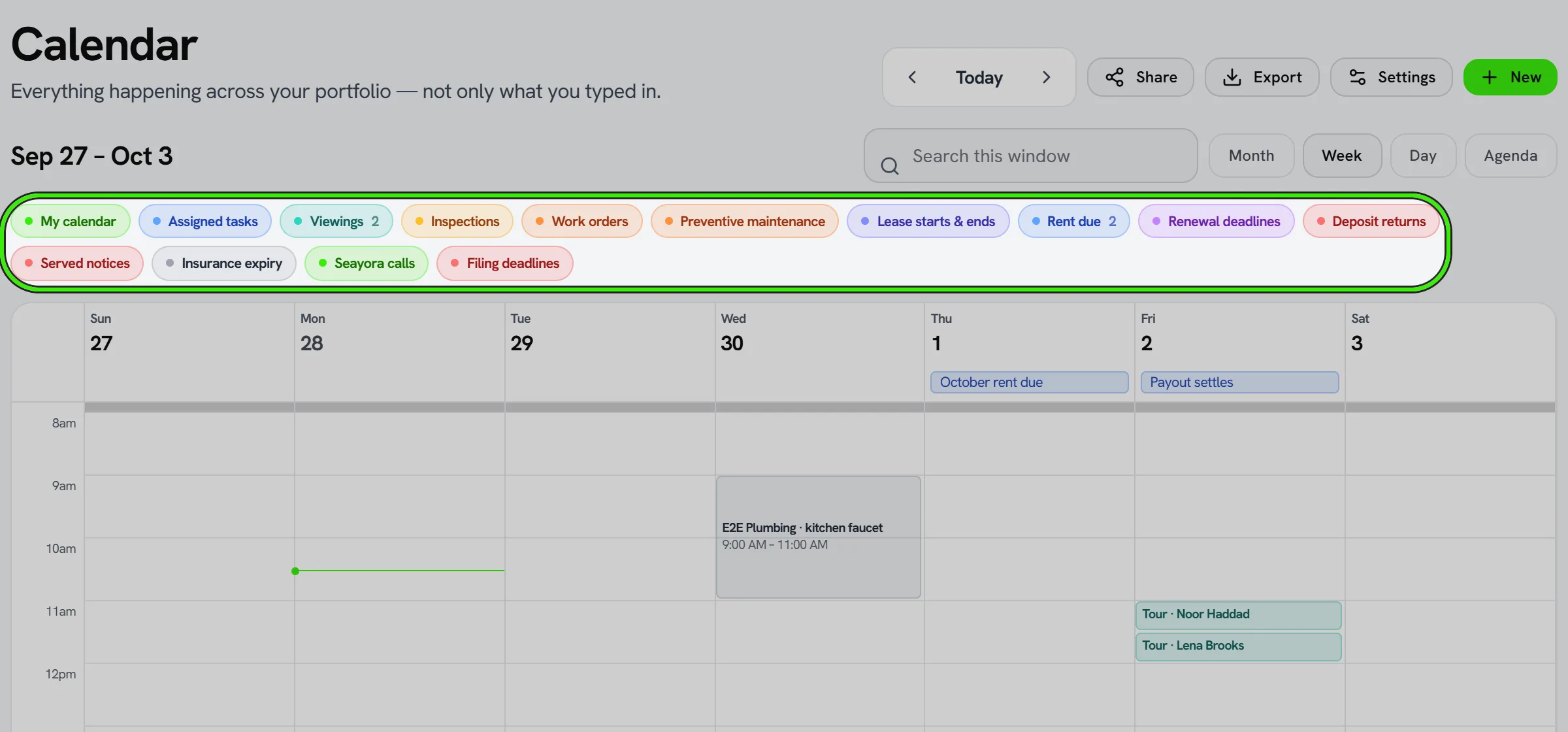 Operations → Calendar for the week: the sources along the top in their own colors — your own events, tasks, viewings, inspections, work orders, preventive maintenance, lease starts and ends, rent due, renewal deadlines, deposit returns and served notices — ringed, above the week.