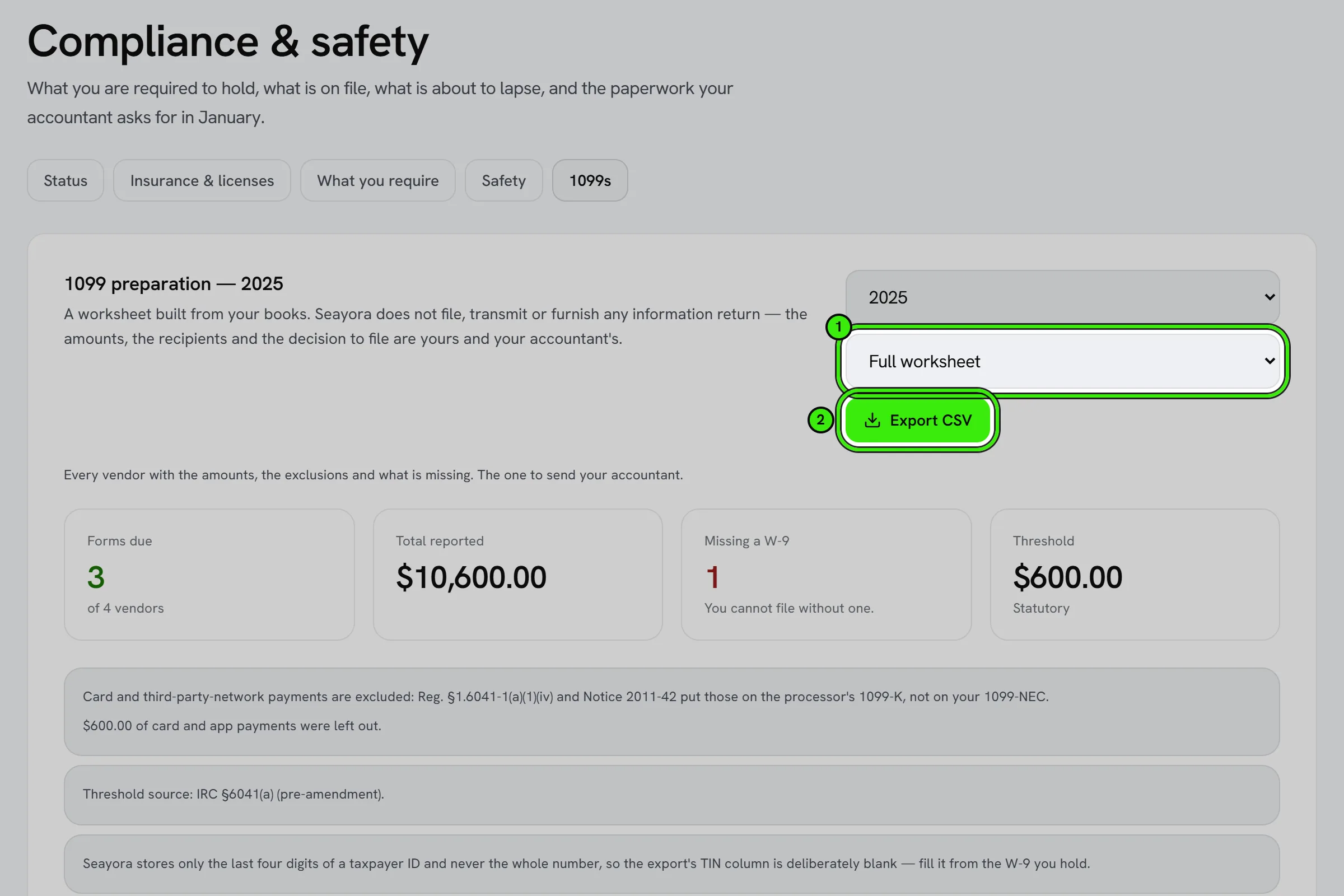 1099 preparation for 2025: three forms due, $10,600 to report, what is missing before filing, and each vendor with what was paid, what the form would report and why a supplier is exempt; the export layout ringed as 1 and Export CSV as 2.