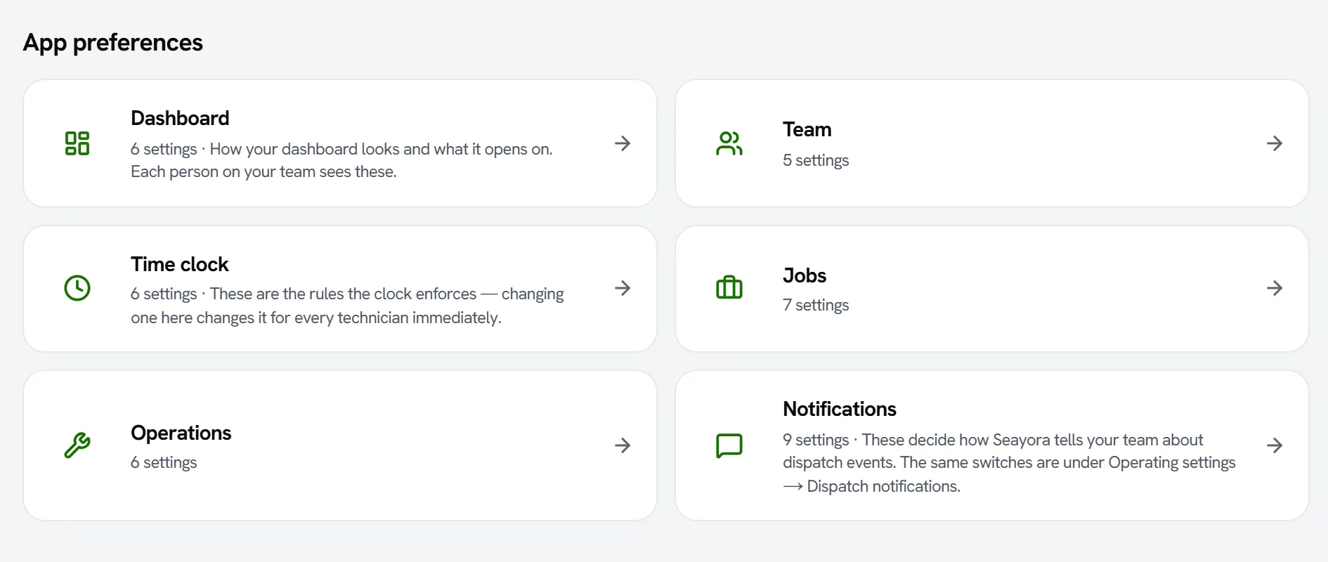 Settings → App preferences: tiles for the dashboard, team, time clock, jobs, operations and notifications, each with how many settings it holds and what they decide.