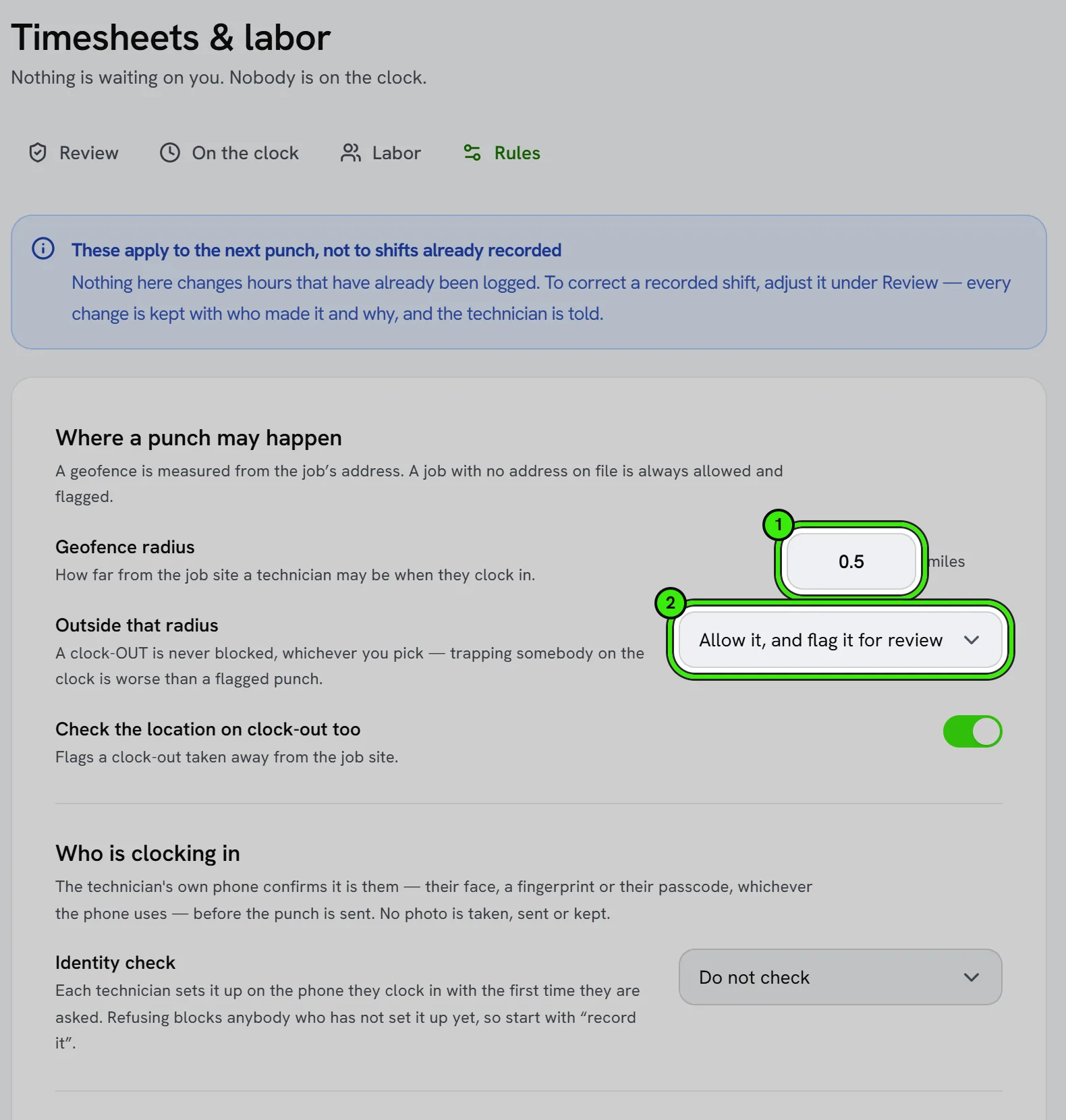 Timesheets & labor, Rules tab: the geofence radius ringed as 1 and what happens to a punch outside it ringed as 2, then who is clocking in, what a punch must carry and the overtime thresholds.