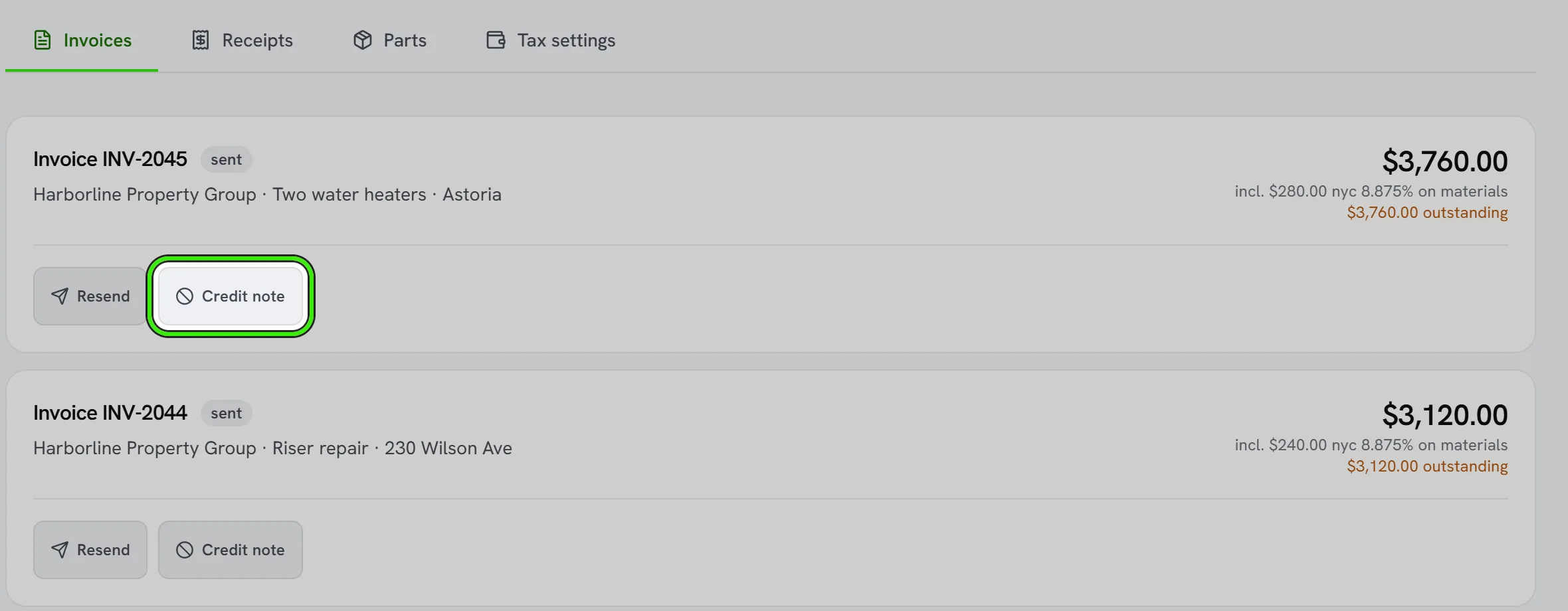 The invoice list: an issued invoice with its total, the tax on it and the rule it used, and its Resend and Credit note buttons, with Credit note ringed.