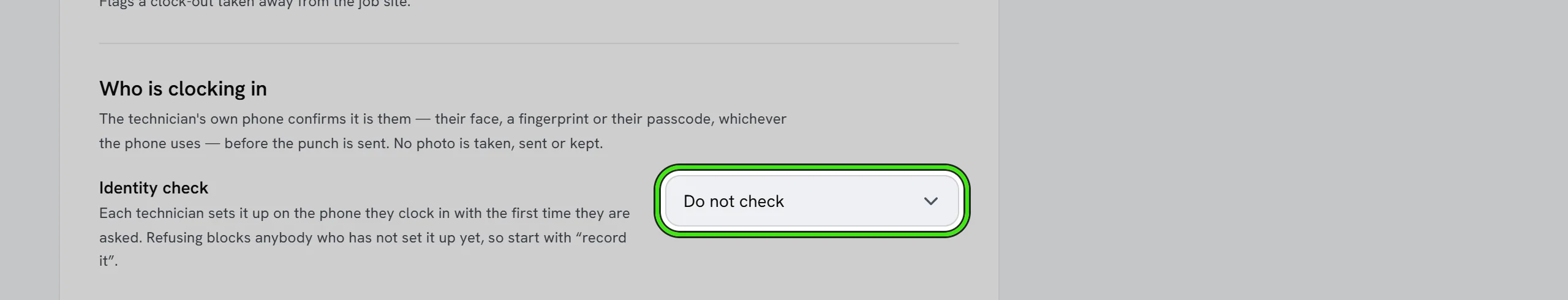 Work → My team → Time clock settings: under Who is clocking in, the Identity check setting ringed, currently Do not check.