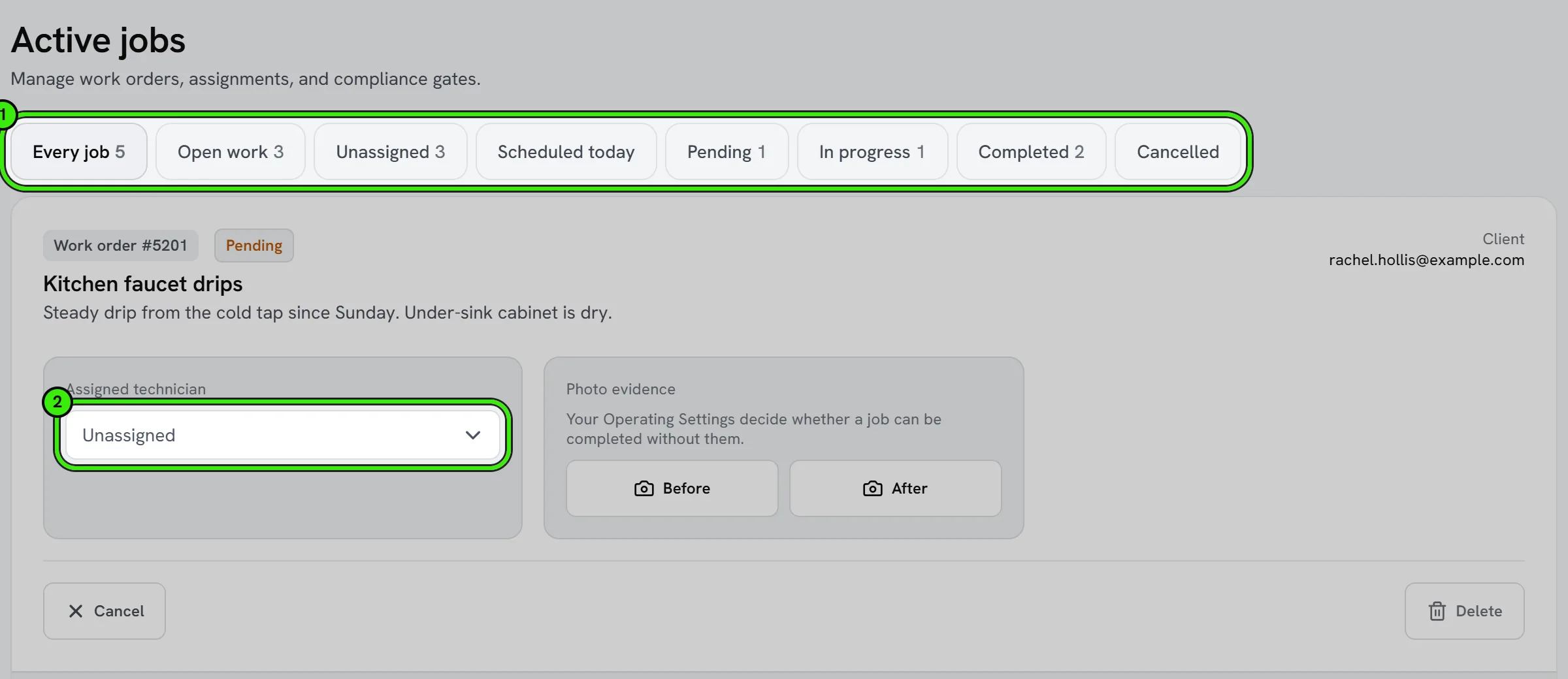 Work → Active jobs: the status filters — every job, open work, unassigned, scheduled today, pending, in progress, completed and cancelled — ringed as 1, and the first job’s technician picker ringed as 2.