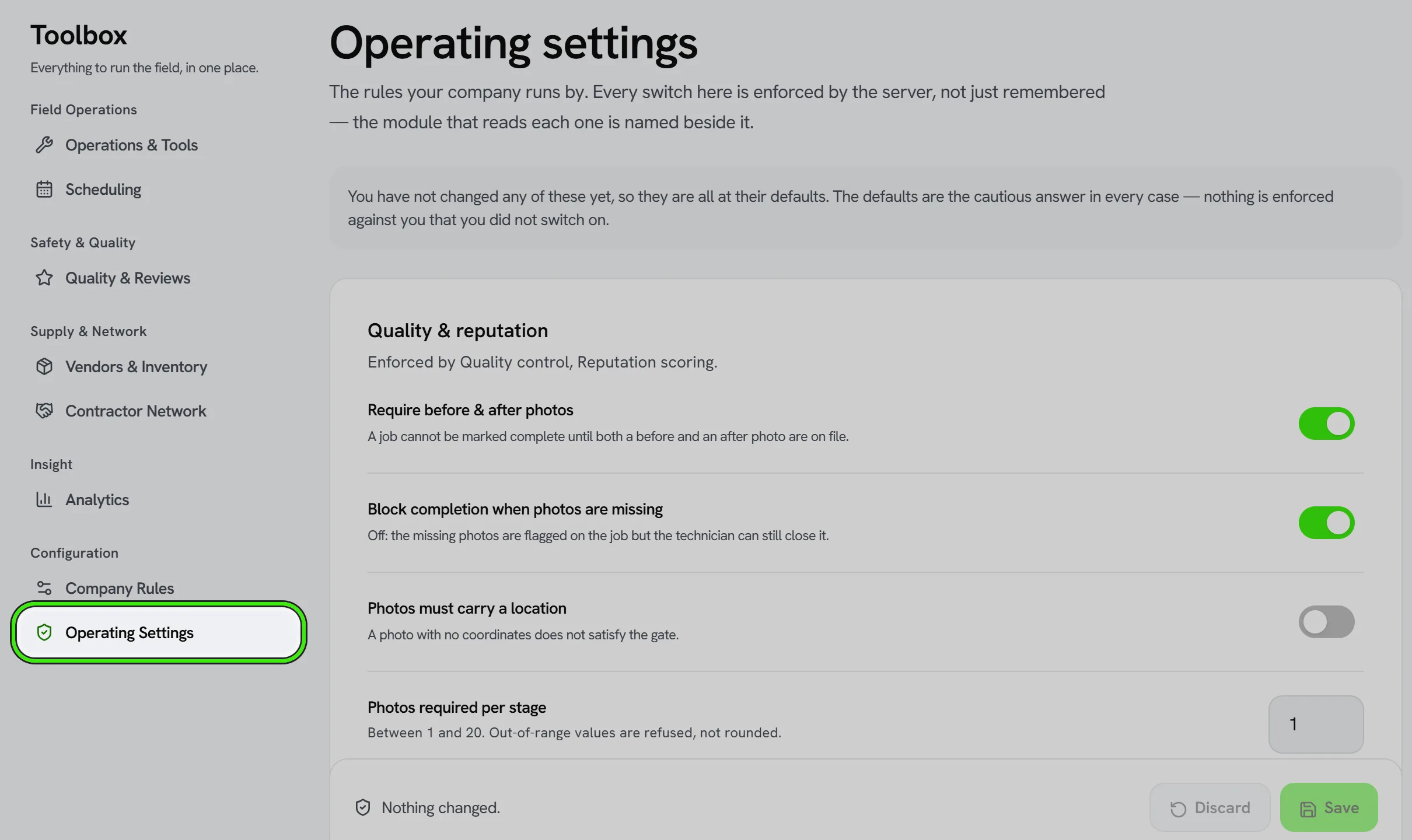 Toolbox → Operating Settings, ringed in the sidebar: the rules for quality and reputation — before and after photos, audits, ratings and reminders — each with what it does and the value in force.