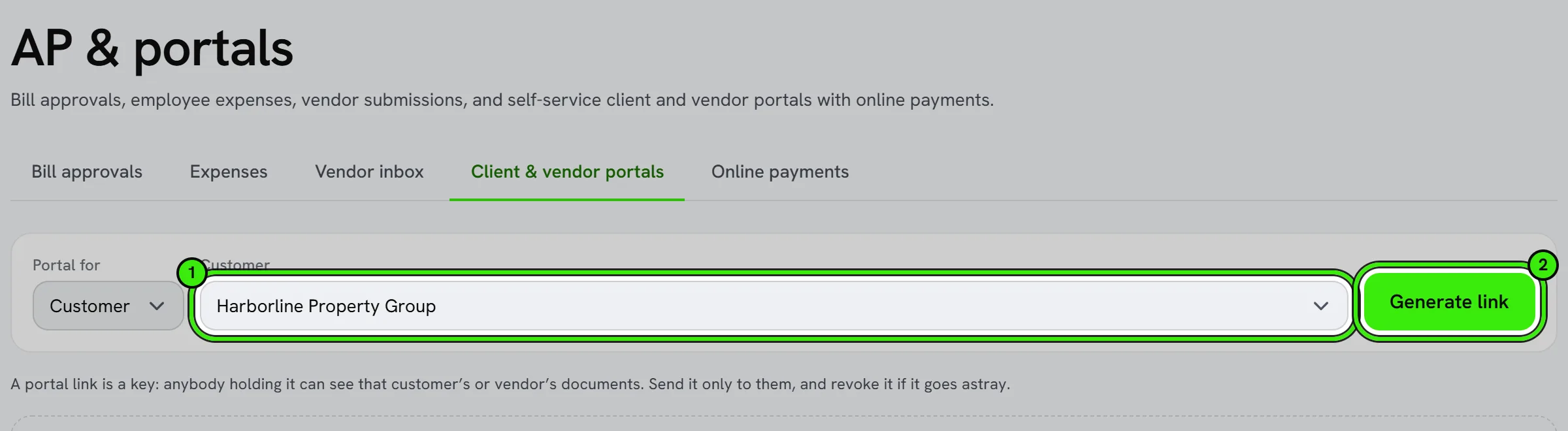Finance → Accounting → AP & portals, Client & vendor portals tab: a portal for the customer Harborline Property Group, with Generate link. The customer and Generate link are ringed.