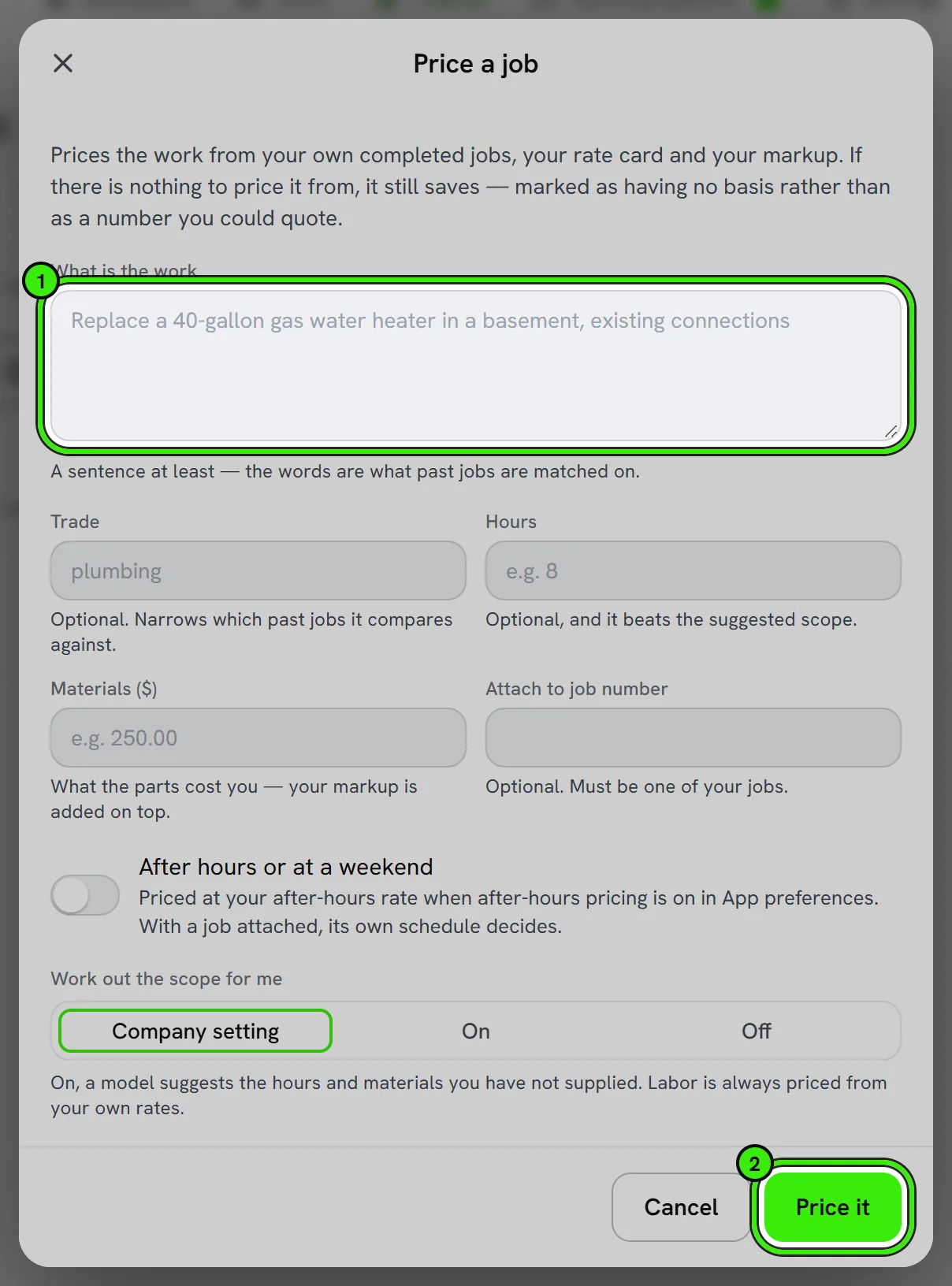 The Price a job window: describe the work (ringed as 1), the trade, hours, materials and job number, whether it is after hours, and the Price it button ringed as 2.