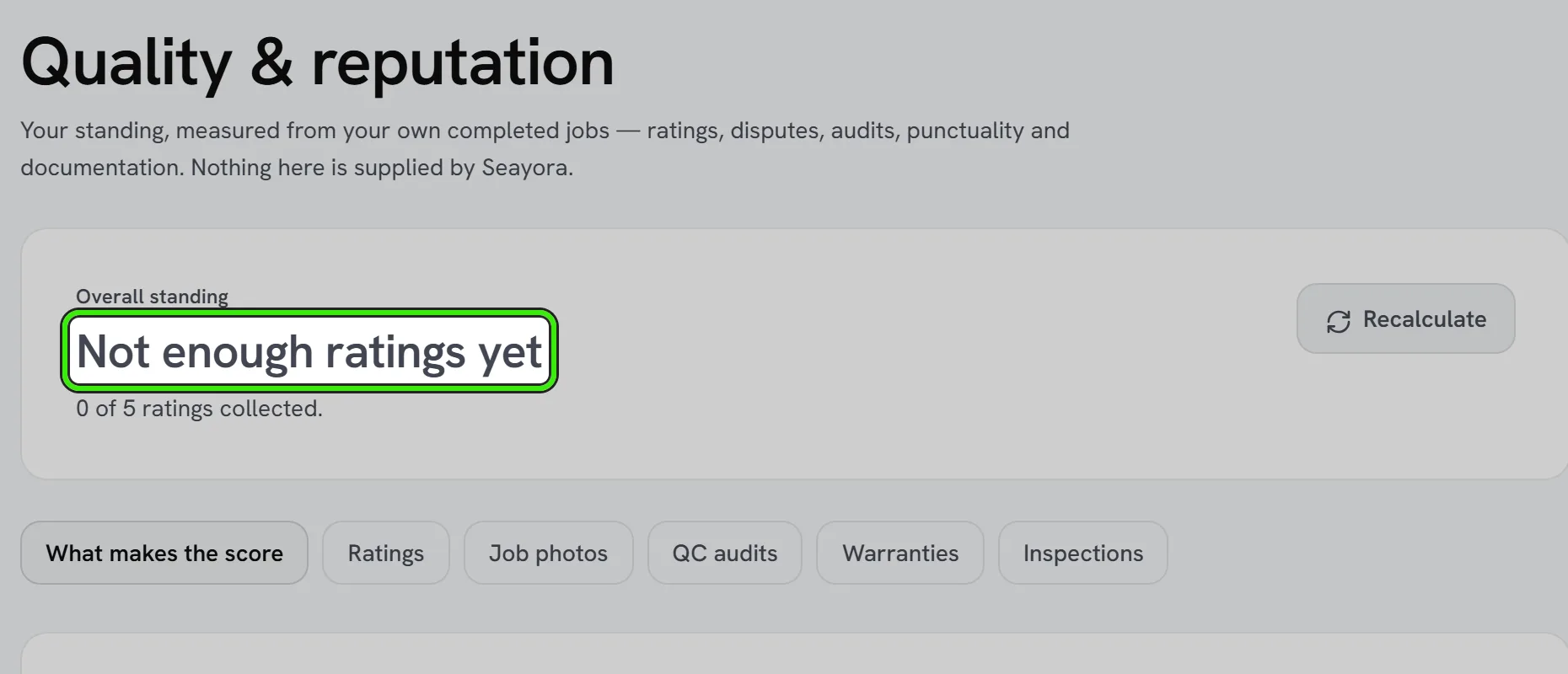 Toolbox → Quality & Reviews with the score withheld — “Not enough ratings yet”, ringed — and how many ratings have been collected so far, above the tabs for the score, ratings, job photos, audits, warranties and inspections.