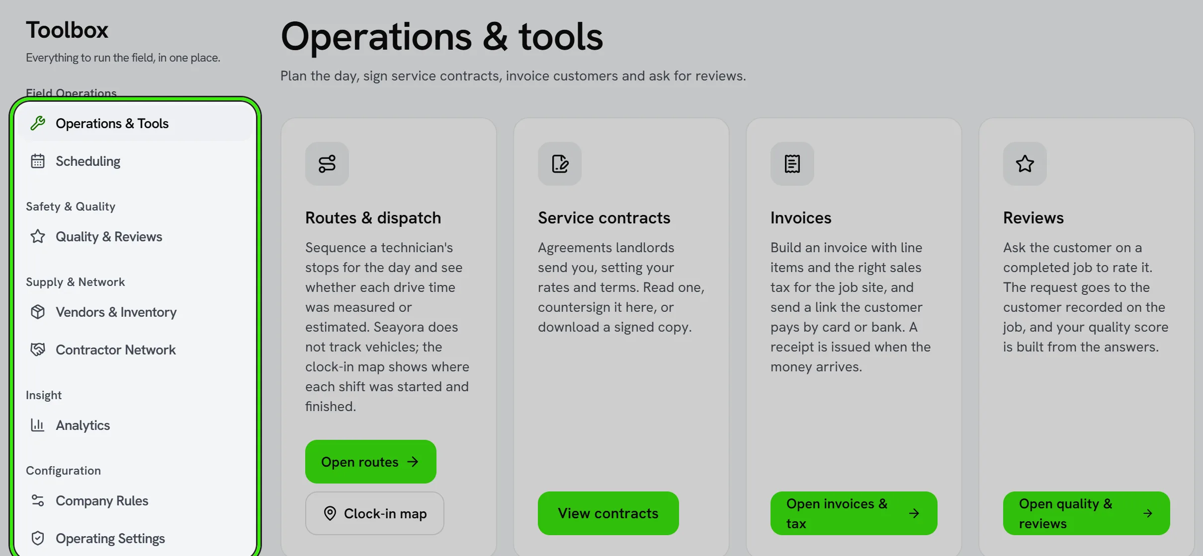 Work → Toolbox: its sections down the side — operations and tools, scheduling, quality and reviews, vendors and inventory, the contractor network, analytics, company rules and operating settings — ringed, beside the operations tools.