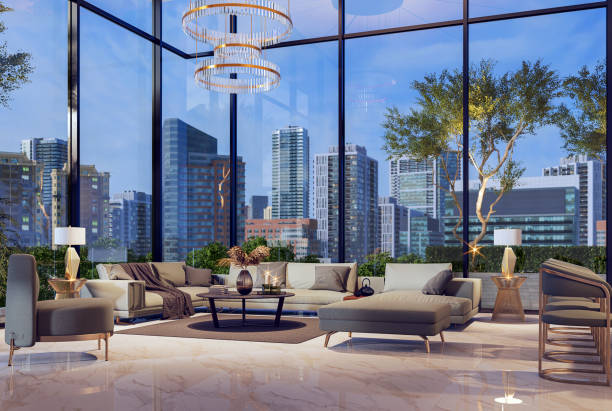 Modern urban living room with large windows showcasing a city skyline.