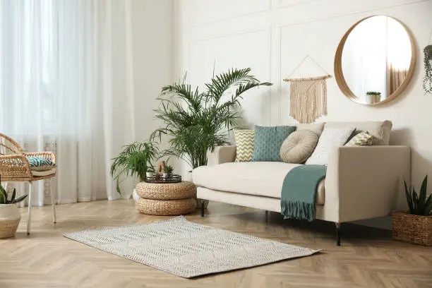 Cozy and stylish living room featuring a light sofa, decorative pillows, indoor plants, and a modern rug.