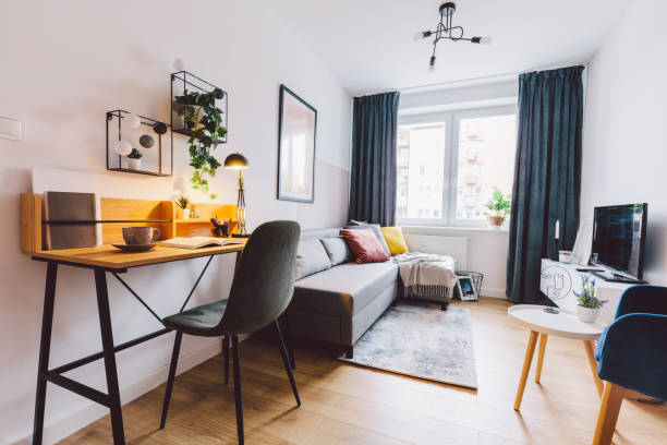 Modern living room featuring a cozy sofa, desk workspace, and stylish decor.