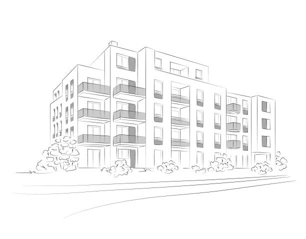 Sketch of a modern multi-story apartment building with balconies and landscaping.