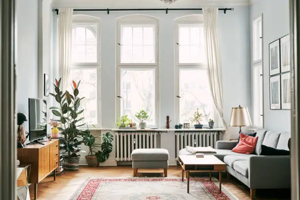 Bright and airy living room with large windows, stylish furniture, and indoor plants.