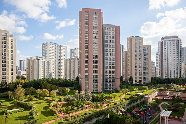 Modern high-rise apartment buildings with landscaped gardens.